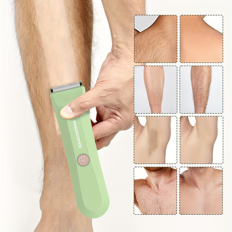 Body hair trimmer for men and women in use, showcasing hair removal on legs and underarms.