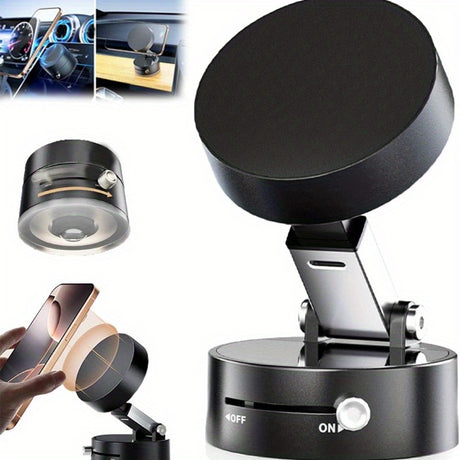 Foldable magnetic phone holder with adjustable support, perfect for hands-free use in vehicles, made of stainless steel.