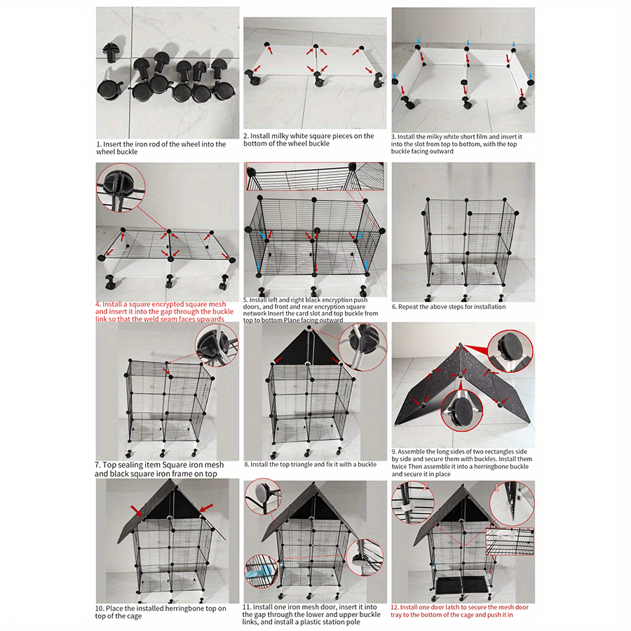 Step-by-step assembly instructions for a heavy-duty metal bird cage with wheels and multi-level design.