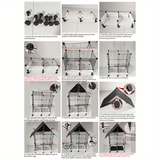 Step-by-step assembly instructions for a heavy-duty metal bird cage with wheels and multi-level design.