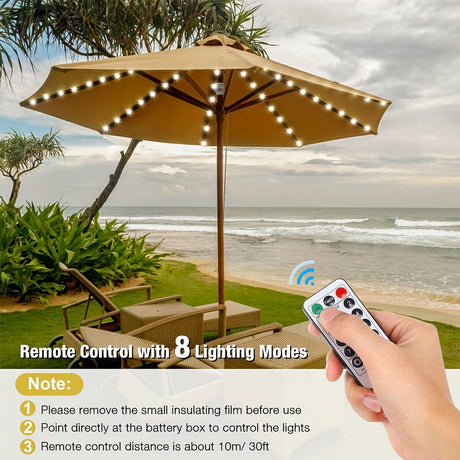 Cordless patio umbrella lights with remote control, featuring 8 lighting modes beside a serene beach setting.