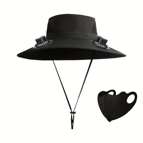 Men's adjustable fan hat in black with dual fans and detachable mask for comfort and sun protection.