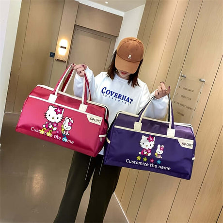 Customisable luggage bags in red and purple, featuring cute character designs, ideal for sports and travel.