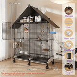 Heavy-duty metal bird cage with wheels, multiple levels, and accessories for birds, in a stylish design.