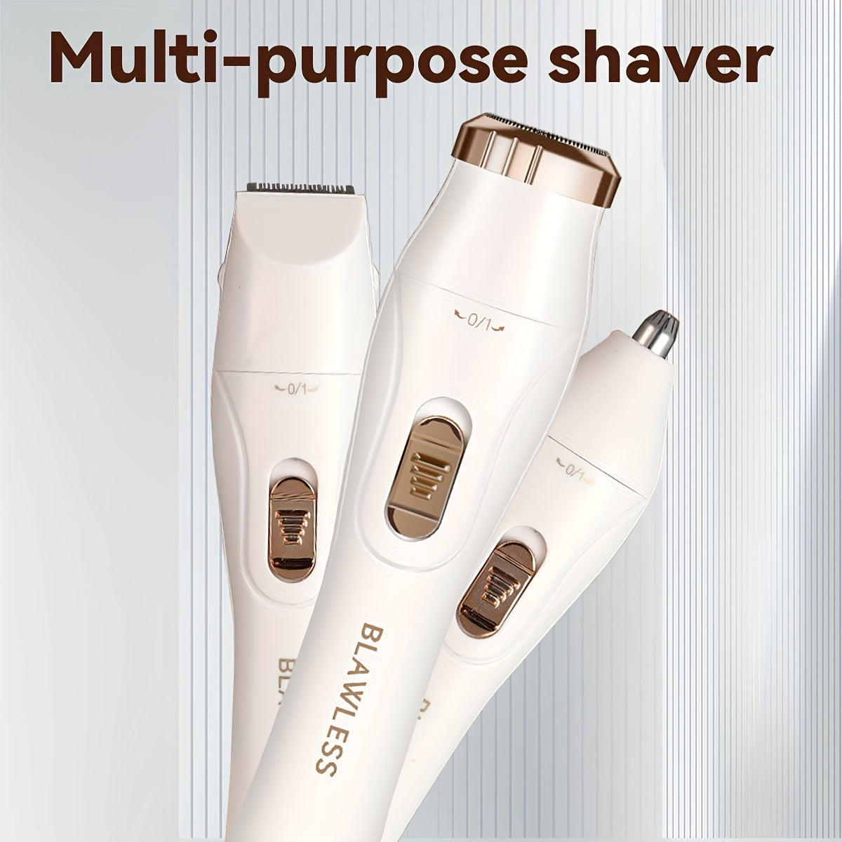 Multi-purpose women's electric shaver kit with three attachments for smooth grooming.