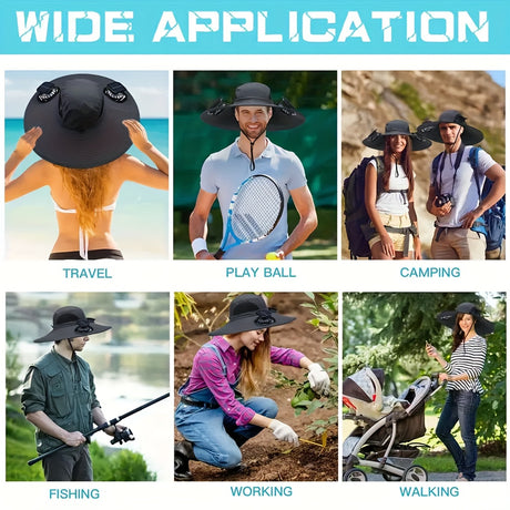 Solar Fan Cap in various outdoor activities: travel, sports, camping, fishing, working, and walking.