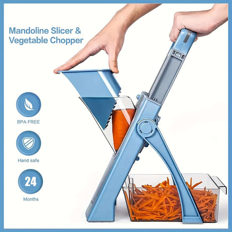 Hand using a blue 5-in-1 mandoline slicer and vegetable chopper with grated carrots and containers, BPA free and hand safe.