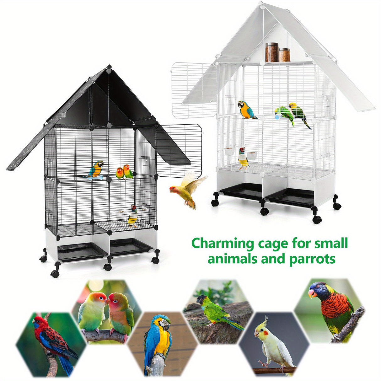 Heavy-duty metal bird cage with wheels, ideal for small animals and parrots, featuring multiple levels and charming design.