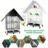 Heavy-duty metal bird cage with wheels, ideal for small animals and parrots, featuring multiple levels and charming design.