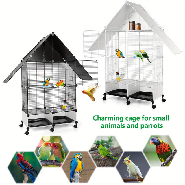 Heavy-duty metal bird cage with wheels, ideal for small animals and parrots, featuring multiple levels and charming design.