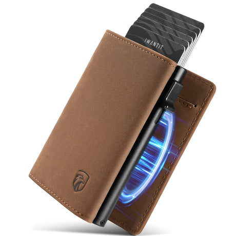 Men's minimalist leather wallet in brown with RFID protection and slim design, ideal for business use.