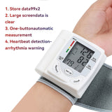 Automatic wrist blood pressure monitor with large screen, one-button measurement, and arrhythmia detection features.