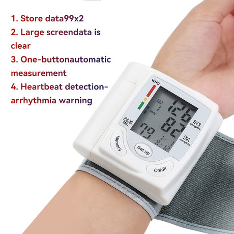 Automatic wrist blood pressure monitor with large screen, one-button measurement, and arrhythmia detection features.