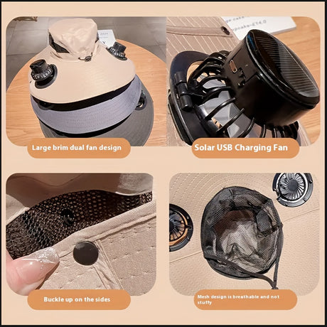 Solar Dual Fan Anti-UV hat with large brim, USB charging, breathable mesh design, and adjustable buckle.
