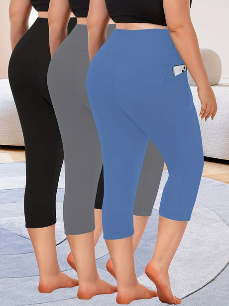 3pcs stretch polyester leggings in black, grey, and blue, featuring pockets, suitable for spring, summer, and fall.