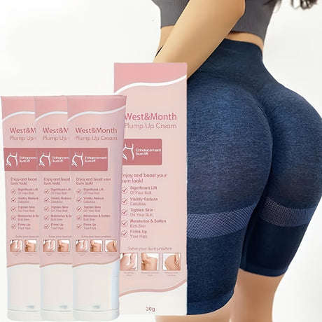 3 tubes of West&Month Plump Up cream for enhancing curves, placed next to a model wearing workout shorts.