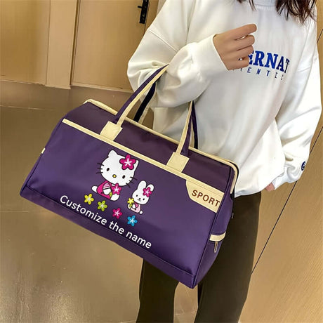 Customisable Sanrio luggage bag in purple with floral design and customizable text, stylish sports accessory.
