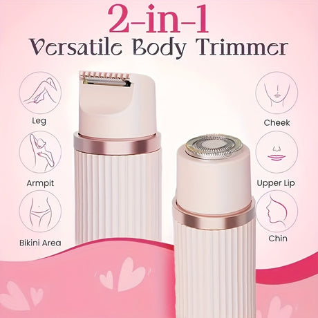 Electric 2-in-1 body trimmer for women, ideal for legs, armpits, bikini area, and facial areas in stylish pink design.