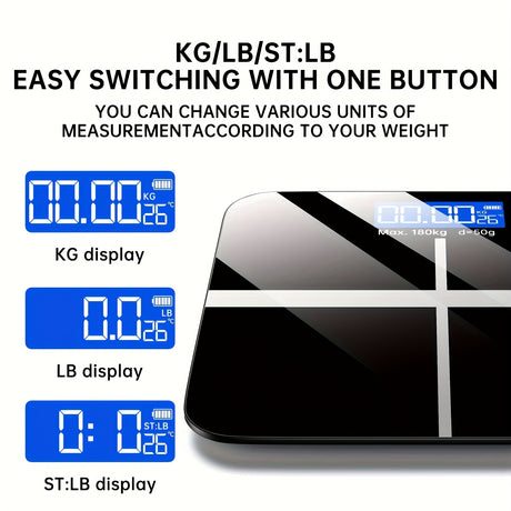 Electronic scale displaying KG, LB, and ST:LB measurements with easy one-button switching for weight tracking.