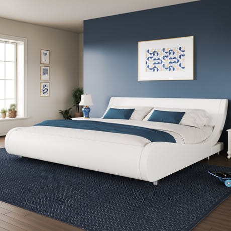 WEEWAY Modern Platform Bed Frame in white faux leather, contemporary design with blue bedding against a blue wall.