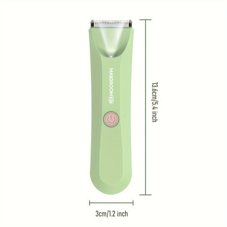 Green body hair trimmer for men and women by MAXGROOM; 600mAh rechargeable battery, USB charging, with limit comb.