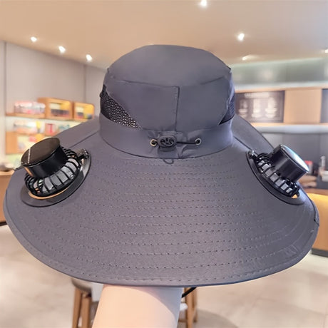 Solar dual fan hat in grey with built-in fans for UV protection and cooling, ideal for outdoor activities.