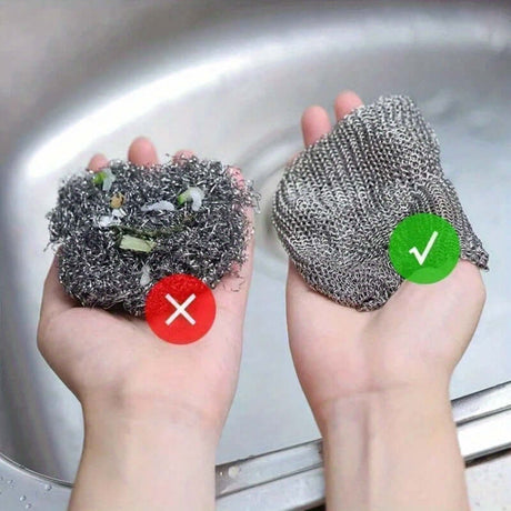 Comparison of dirty dish scrubber on the left and clean non-stick iron cloth on the right, showcasing effective cleaning tools.