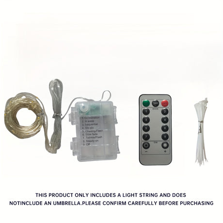 Cordless patio umbrella lights with remote control, battery-powered light string and controller, not including umbrella.