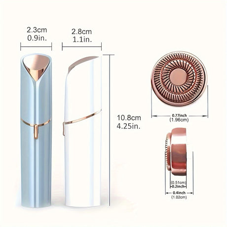 USB rechargeable mini hair trimmer for women, featuring a sleek design and stainless steel blade, dimensions provided.