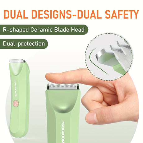 MAXGROOM body hair trimmer featuring dual designs and dual protection with an R-shaped ceramic blade for safety.