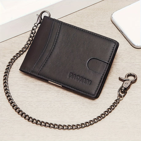 Top Layer Cowhide Bifold Wallet with RFID Blocking and Chain in Black for Secure Storage