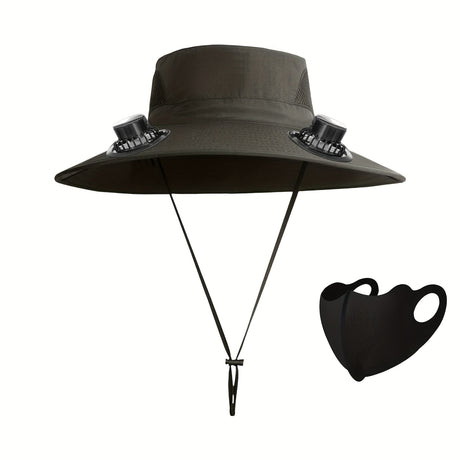 Men's adjustable fan hat featuring dual fans and a wide brim for sun protection; includes a matching face mask.