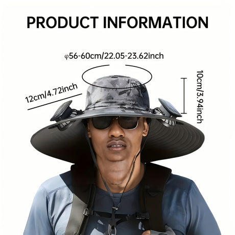 Men's sun hat with solar fans, showcasing dimensions and sporty design for outdoor activities.