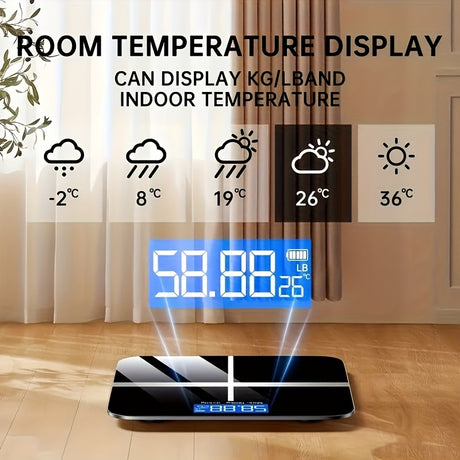 Electronic scale with room temperature display, showcasing weights in kg/lb and indoor temperature settings.