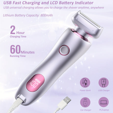 Rechargeable electric shaver for women with USB fast charging, LCD battery indicator, and 800mAh lithium battery capacity.