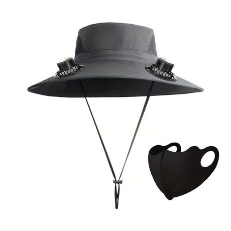 Men's adjustable fan hat in gray with dual fans and detachable face mask for cooling and sun protection.
