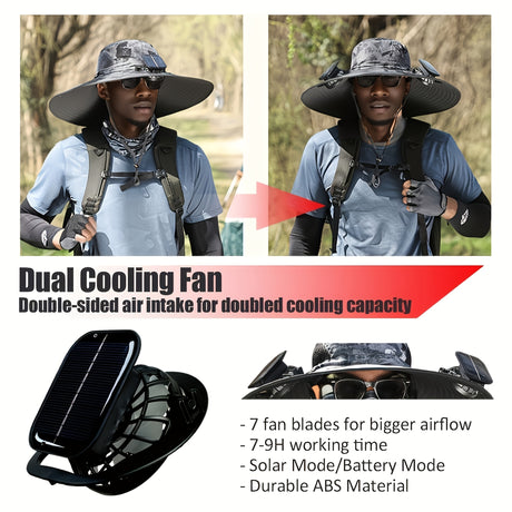 Men's sun hat featuring dual cooling fans with solar power, providing airflow and comfort for outdoor activities.