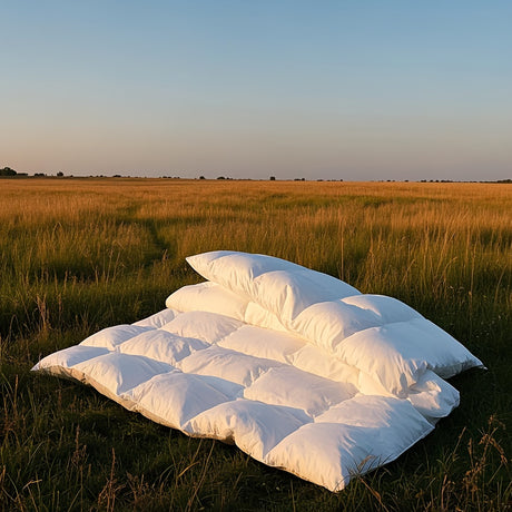 Queen Cooling Comforter on soft grass field during sunset, showcasing 100% cotton and ultrasonic embossing design.