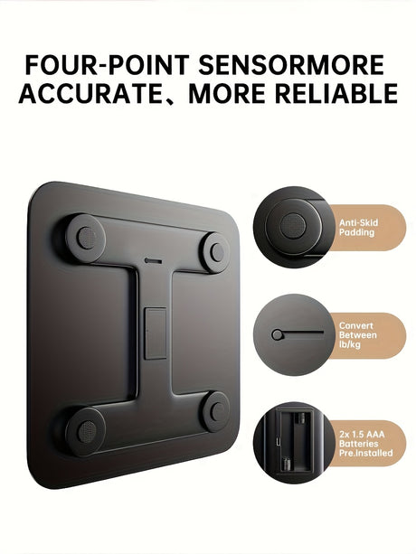 Electronic scale with four-point sensors, anti-skid padding, and battery pre-installed, featuring lb/kg conversion.