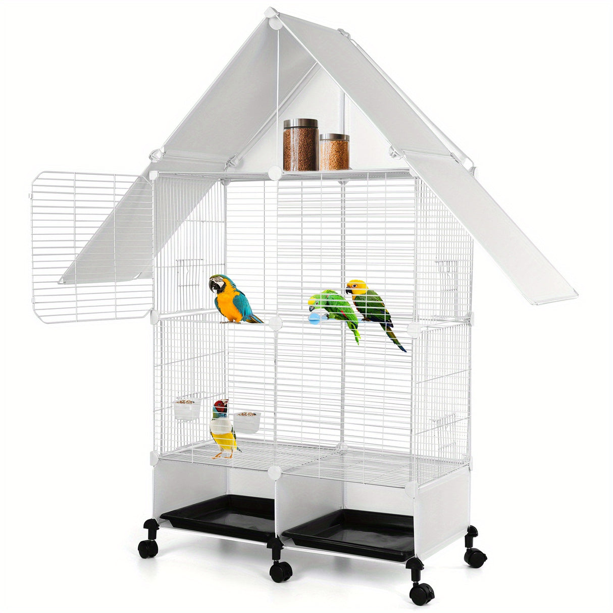 Heavy-duty metal bird cage on wheels with multiple levels, perfect for various bird species in a stylish house design.