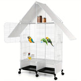 Heavy-duty metal bird cage on wheels with multiple levels, perfect for various bird species in a stylish house design.