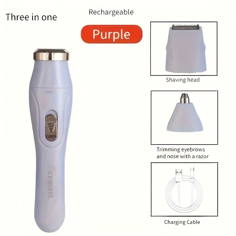 3-in-1 Women's Electric Shaver Kit in purple, featuring a shaving head, eyebrow trimmer, and charging cable.