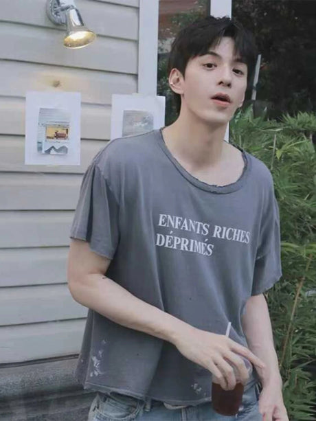 Distressed Letter Print Loose Fit T-Shirt | by Anwer Fancy | Worldwide Shipping