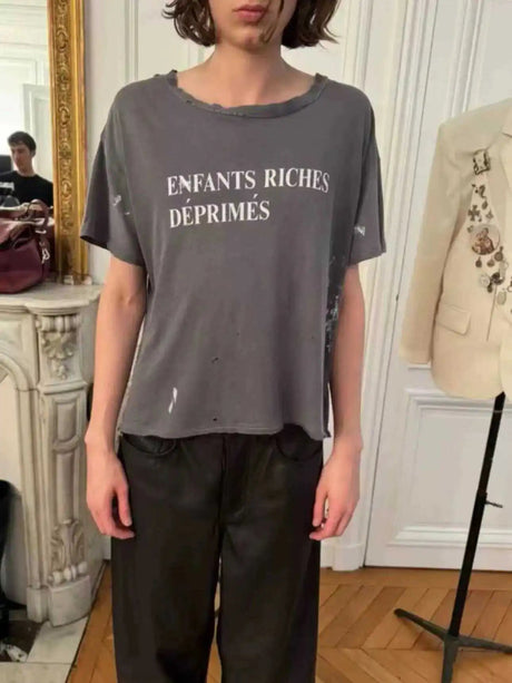 Distressed Letter Print Loose Fit T-Shirt | by Anwer Fancy | Worldwide Shipping