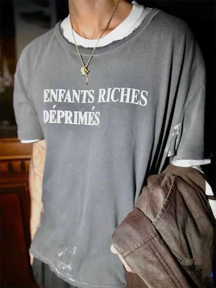 Distressed Letter Print Loose Fit T-Shirt | by Anwer Fancy | Worldwide Shipping