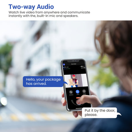 Person using a smartphone to communicate with a wireless doorbell camera, showcasing two-way audio feature.