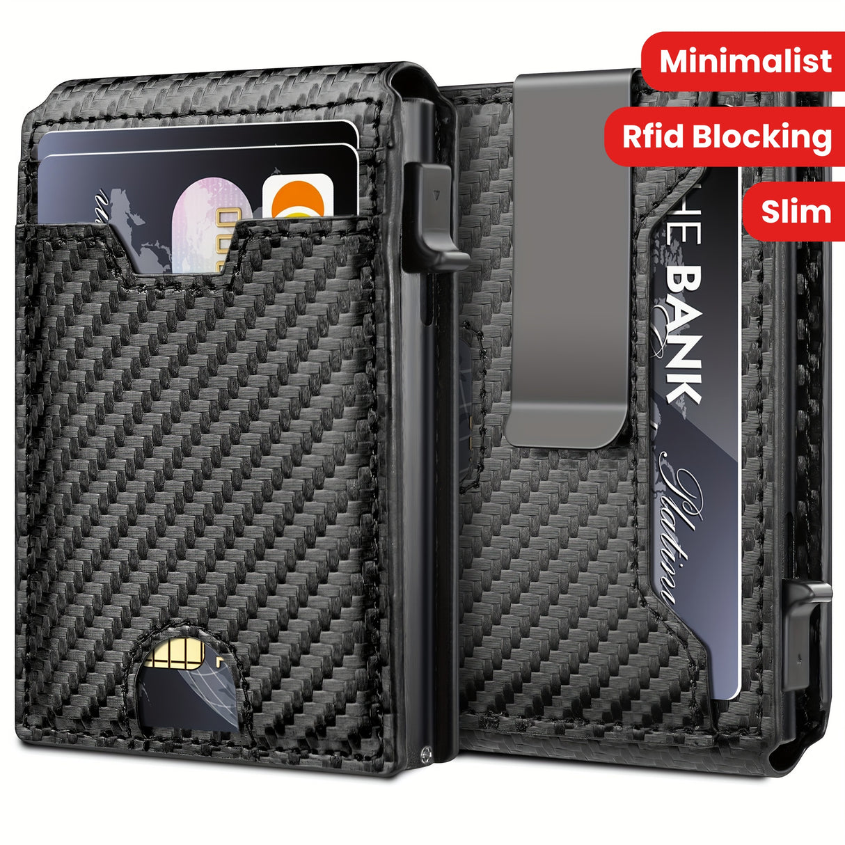 Slim RFID blocking bifold wallet in carbon fiber leather, designed for minimalism and elegance.