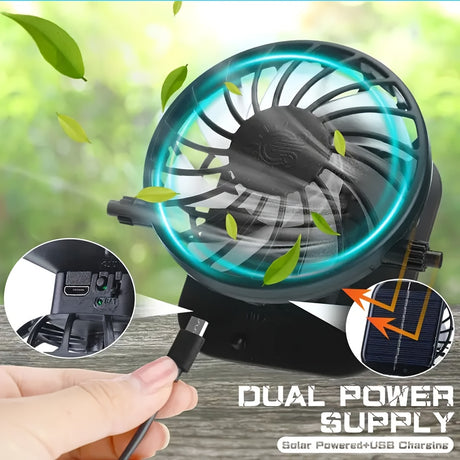 Image of a solar fan cap showcasing dual power supply options: solar and USB charging, highlighting its modern design.
