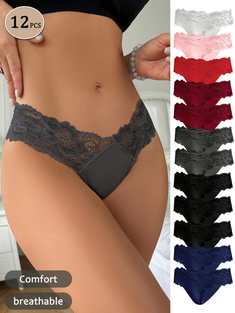 12pcs women's low-waist thongs in various colors, featuring contrast lace, breathable design for comfort and style.