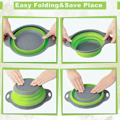 Easy folding silicone colander for fruits and vegetables, showcasing space-saving design and versatility for kitchen use.